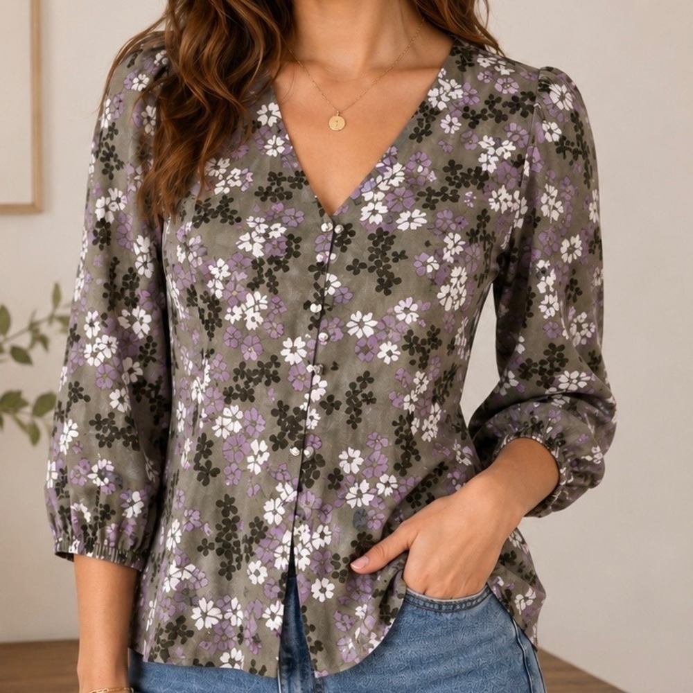 M&S Collection Floral Blouse Khaki Purple 3/4 Sleeve Button Front 10 Cottagecore